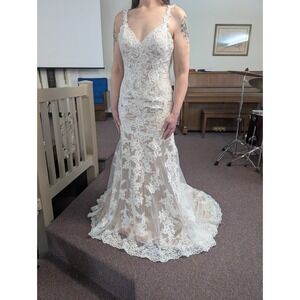Stella York Lace Mermaid Wedding Dress Champagne White Low Back Bridal Gown 10